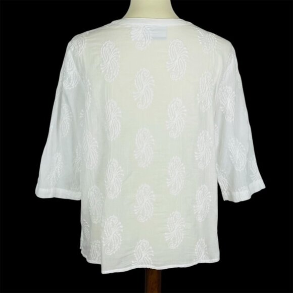 Alfred Dunner 3/4 Sleeve Sheer Top Sz 16P White Embroidered Pintuck Gauzy Beach - Picture 4 of 6